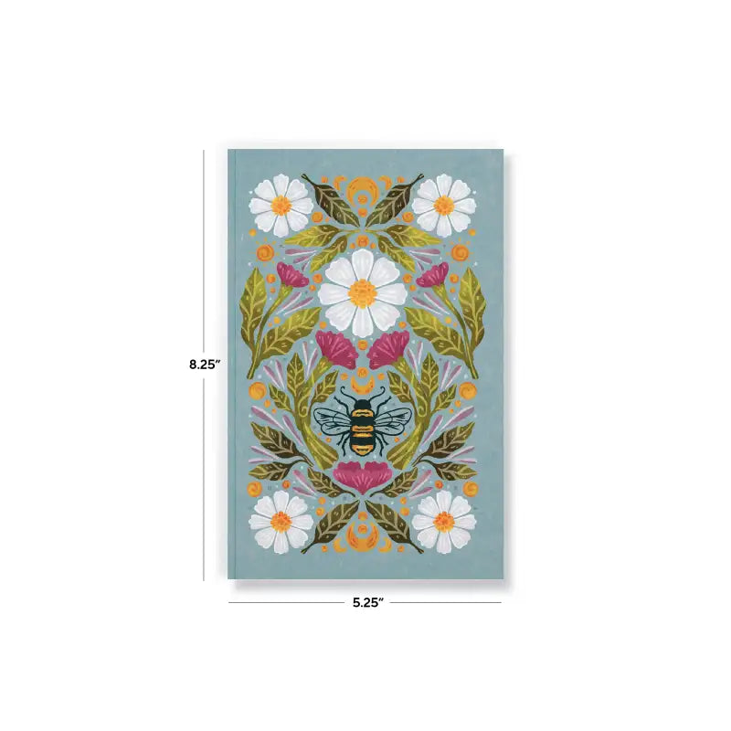 Decorative card with floral design and bee illustration on a light blue background