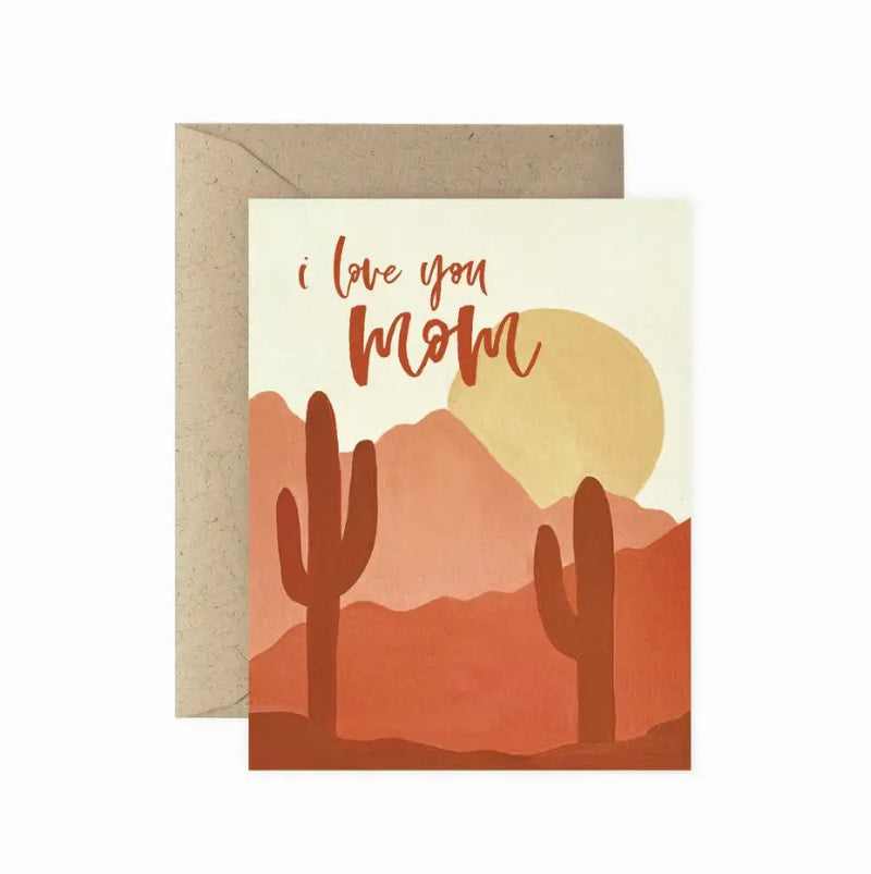 Greeting card with desert scene and 'I love you Mom' text, featuring a brown envelope.