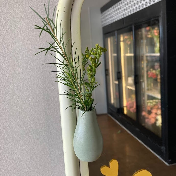 Mini concrete bud vase in sage green with optional magnet attachment