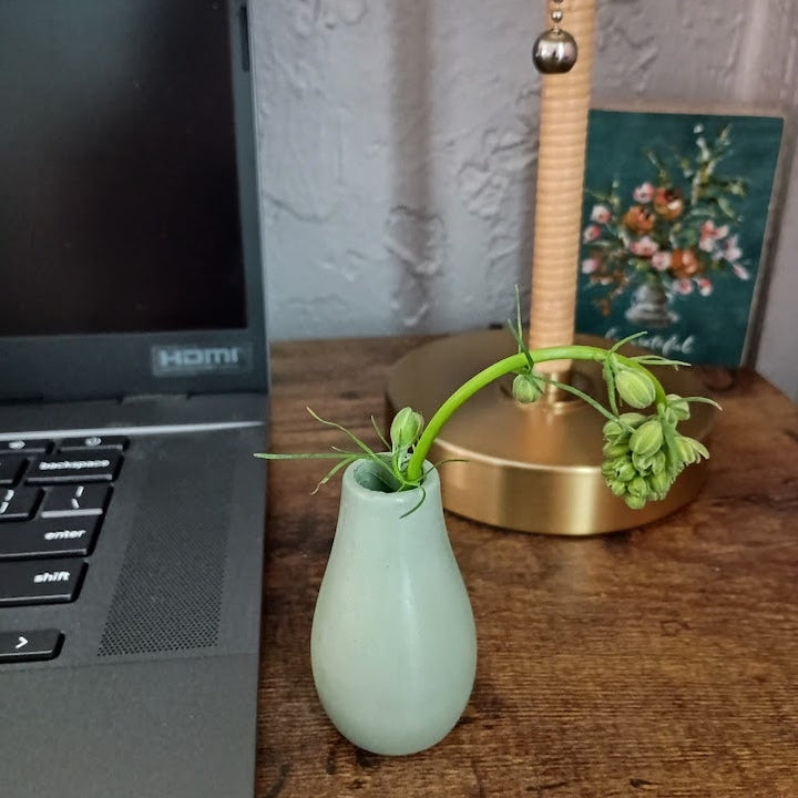 Mini concrete bud vase in sage green with optional magnet attachment