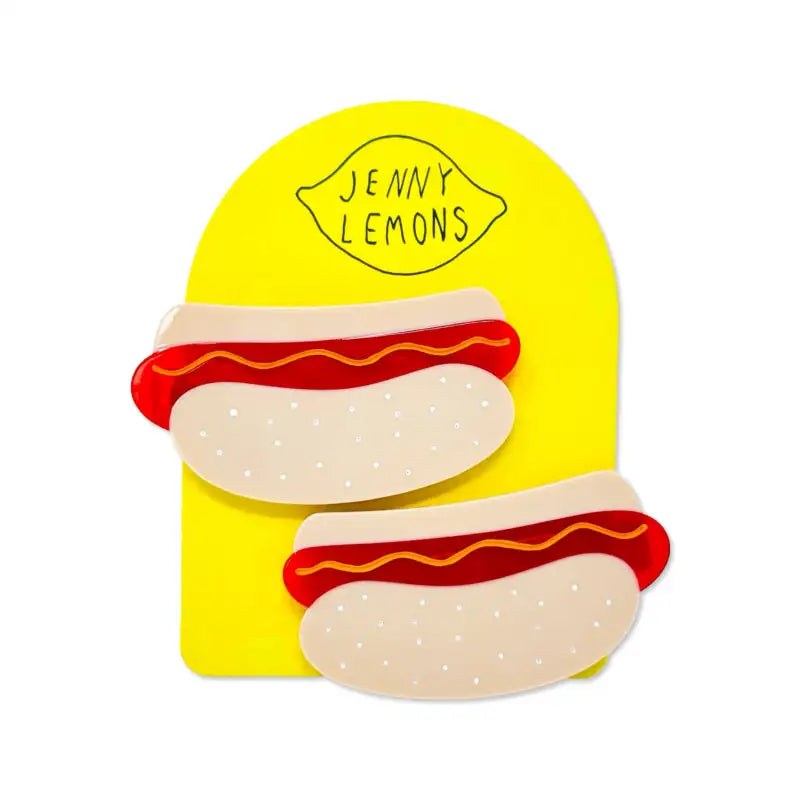Hot Dog hair clip set fun food-inspired hair barrettes with Jenny Lemons stand