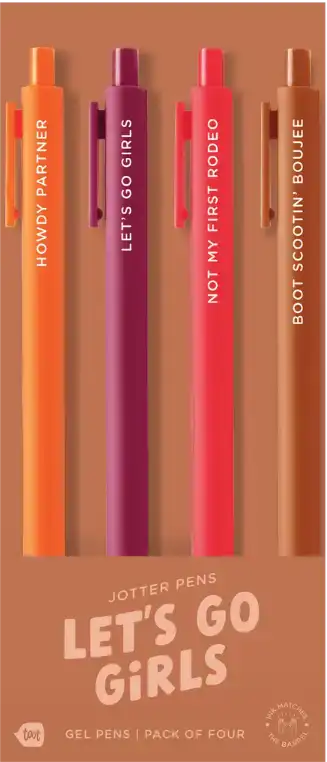 Set of four pens with colorful bodies and text on a matching brown background