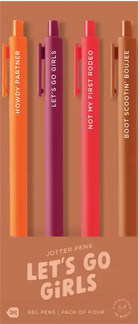 Set of four pens with colorful bodies and text on a matching brown background