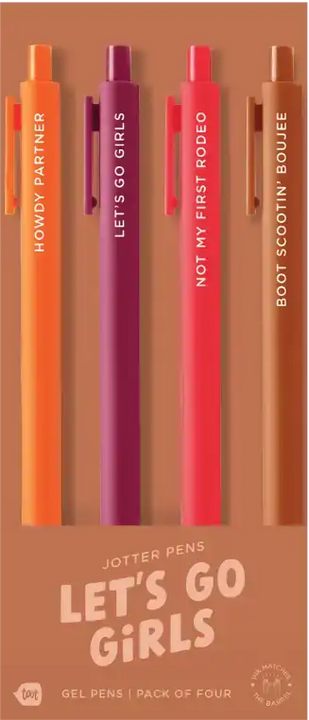 Set of four pens with colorful bodies and text on a matching brown background