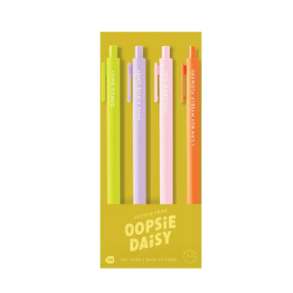Set of colorful pens in a 'Oopsie Daisy' packaging on a white background
