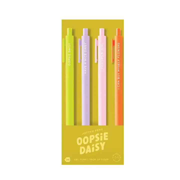 Set of colorful pens in a 'Oopsie Daisy' packaging on a white background
