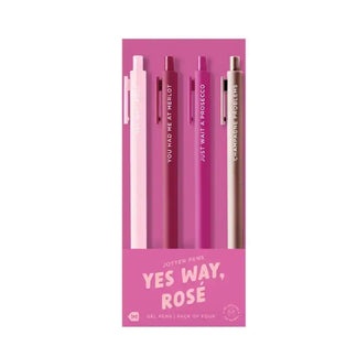 Set of four pink pens in packaging with humorous text on a white background