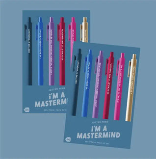 Set of pens with humorous text on a blue background
