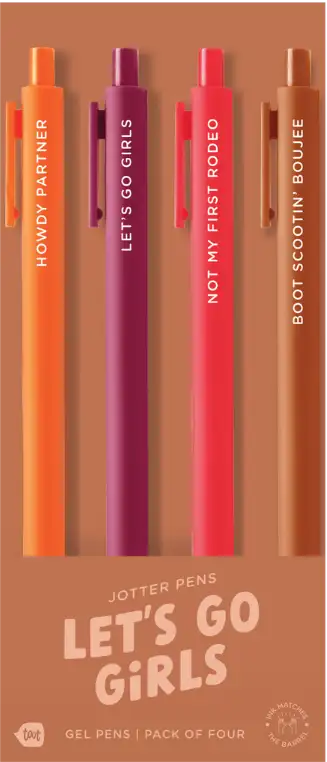 Four gel pens in orange, purple, red, and brown with 'Let's Go Girls' branding on a brown background.