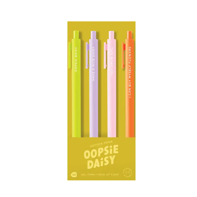 Pack of four colorful pens with 'Oopsie Daisy' branding on a yellow background