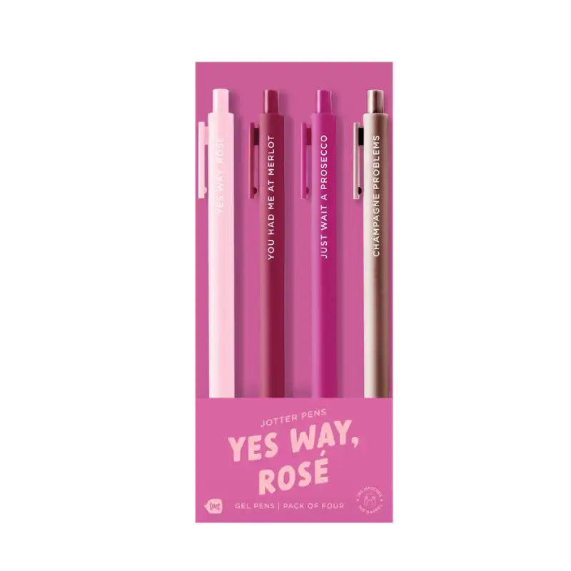 Set of four pens in a pink packaging with humorous text on a white background