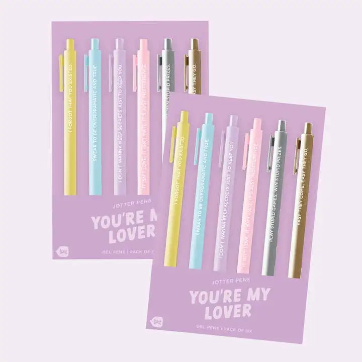 Two packages of gel pens with pastel colors on a light purple background