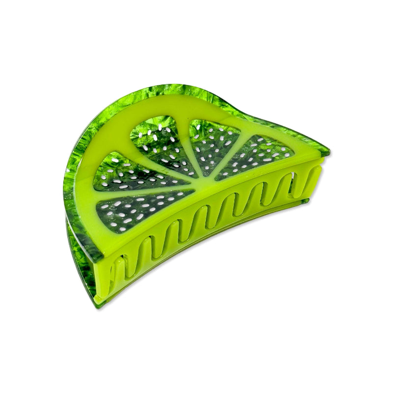 Large green lime hair claw clip on a white background