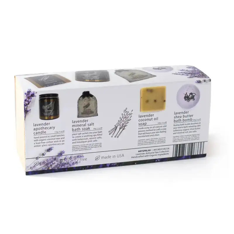Packaging of lavender-themed products including a candle, salt, soap, and bath bomb on a white background.