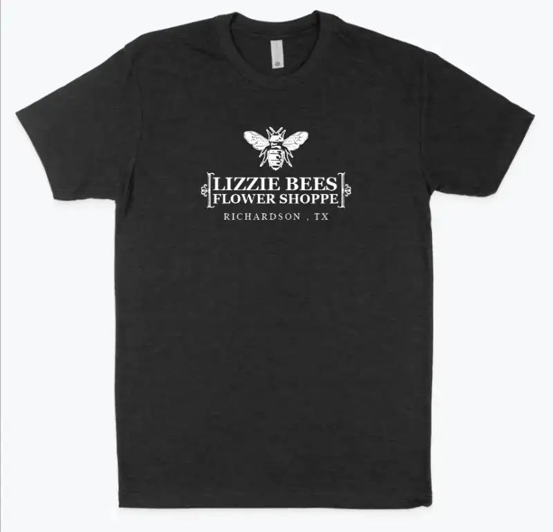 Black t-shirt with 'Lizzie Bees Flower Shoppe' logo on a white background
