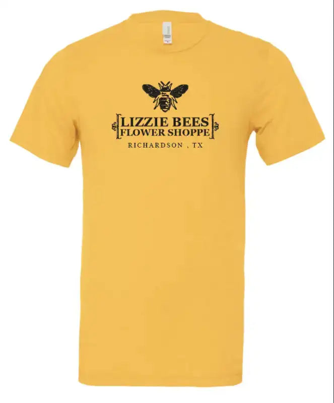 Yellow t-shirt with 'Lizzie Bees Flower Shoppe' logo on a white background