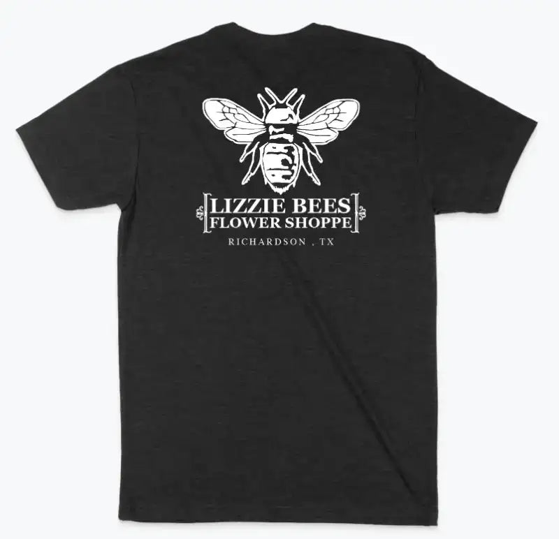 Black t-shirt with white bee logo and text on a white background