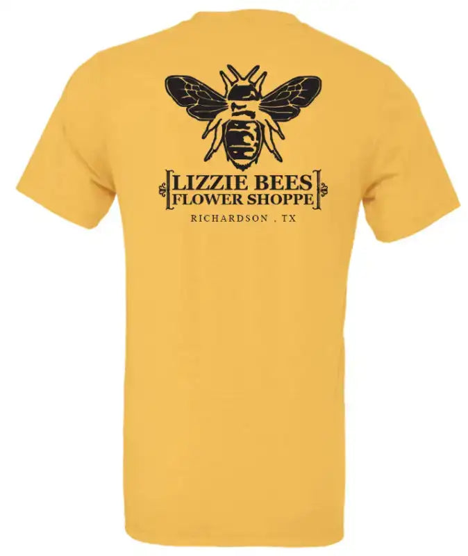 Yellow t-shirt with a black bee design and text on the back, on a white background.