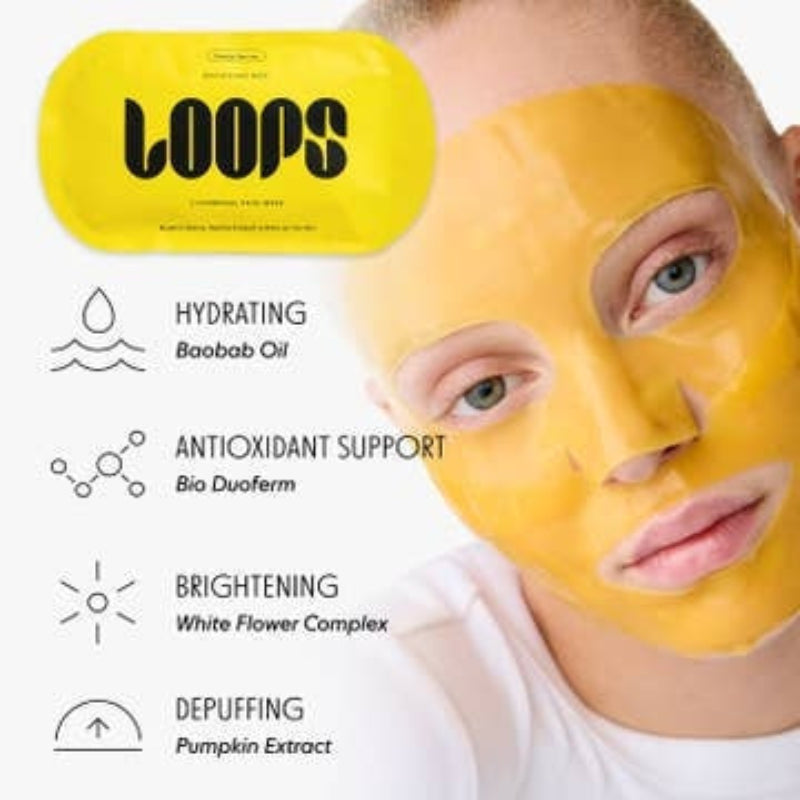 Person wearing a yellow face mask with 'LOOPS' branding and product benefits listed.