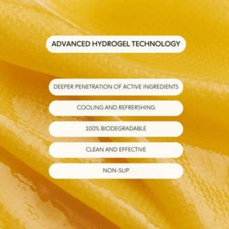 Text on advanced hydrogel technology with a yellow background