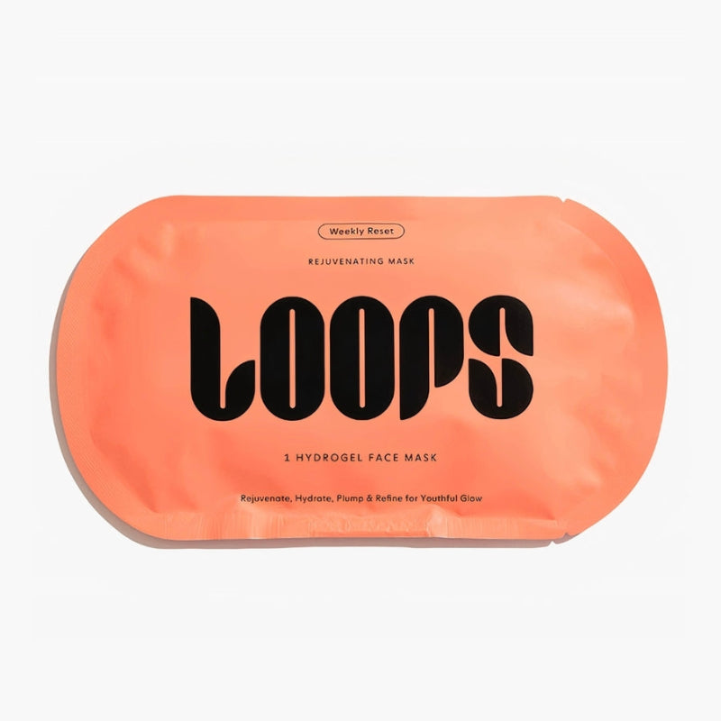 Hydrogel face mask packaging with 'LOOPS' branding on a white background