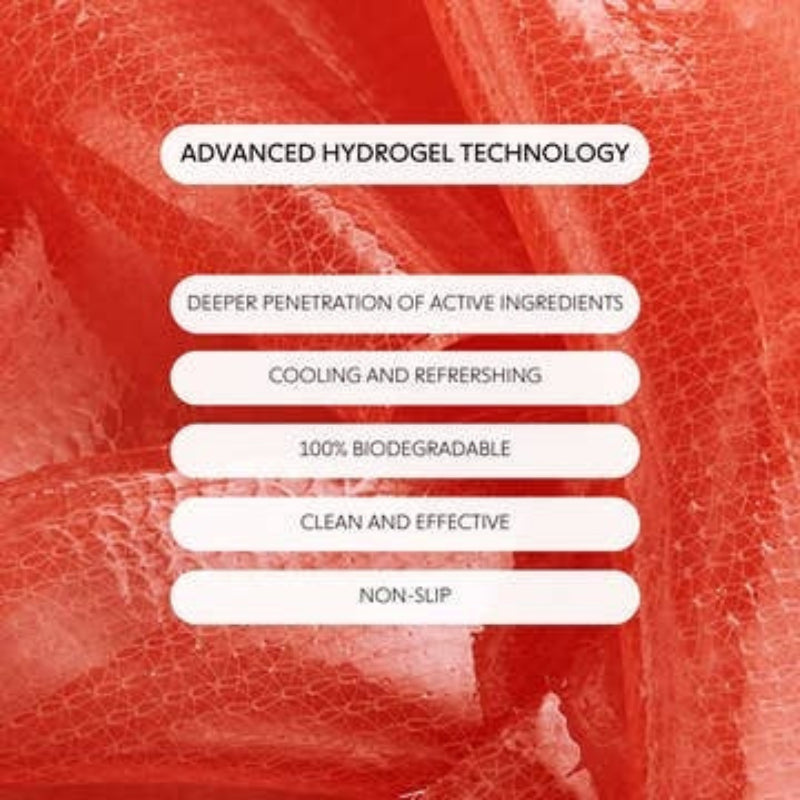 Text on advanced hydrogel technology with a red textured background