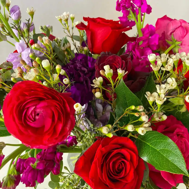 Bouquet of red and pink roses with green leaves on a light background