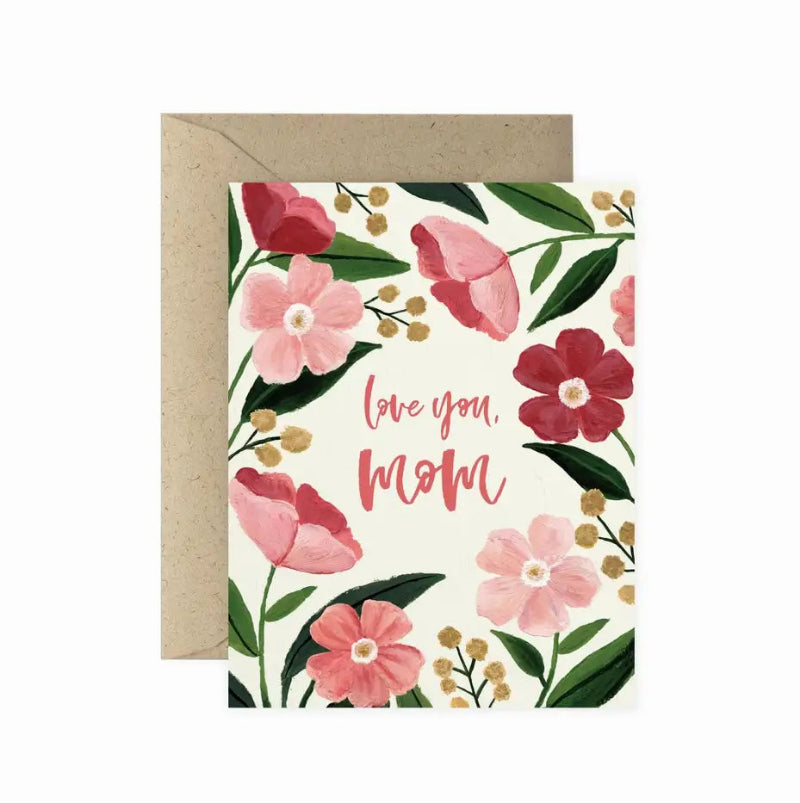 Greeting card with floral design and 'love you, mom' text on a white background