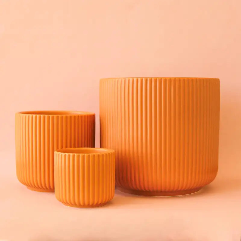 Three orange ceramic pots of different sizes on a peach background
