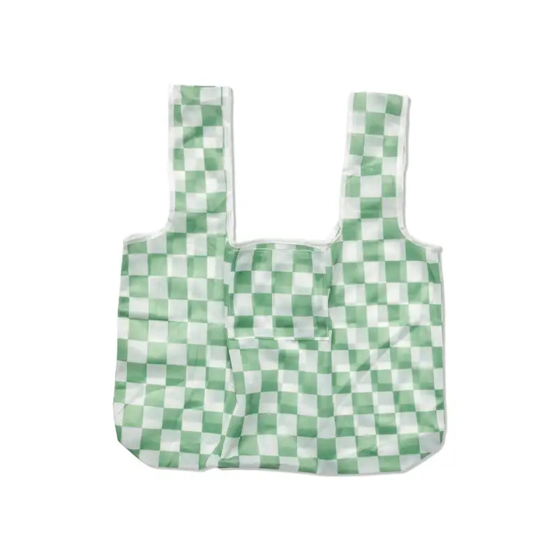 Green and white checkered reusable bag on a white background