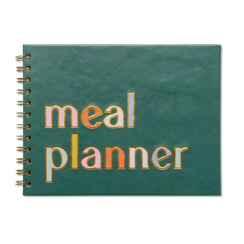 Green meal planner book with colorful text on a white background