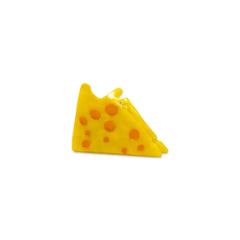 Yellow cheese wedge with orange spots on a white background