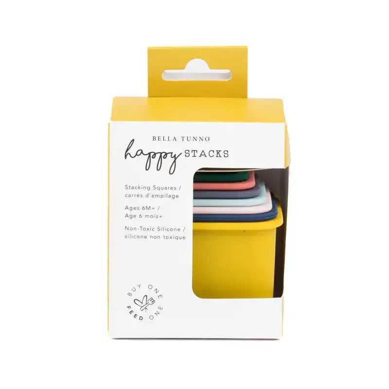 Bella Tunno happy stacks packaging with colorful stacking squares on a white background