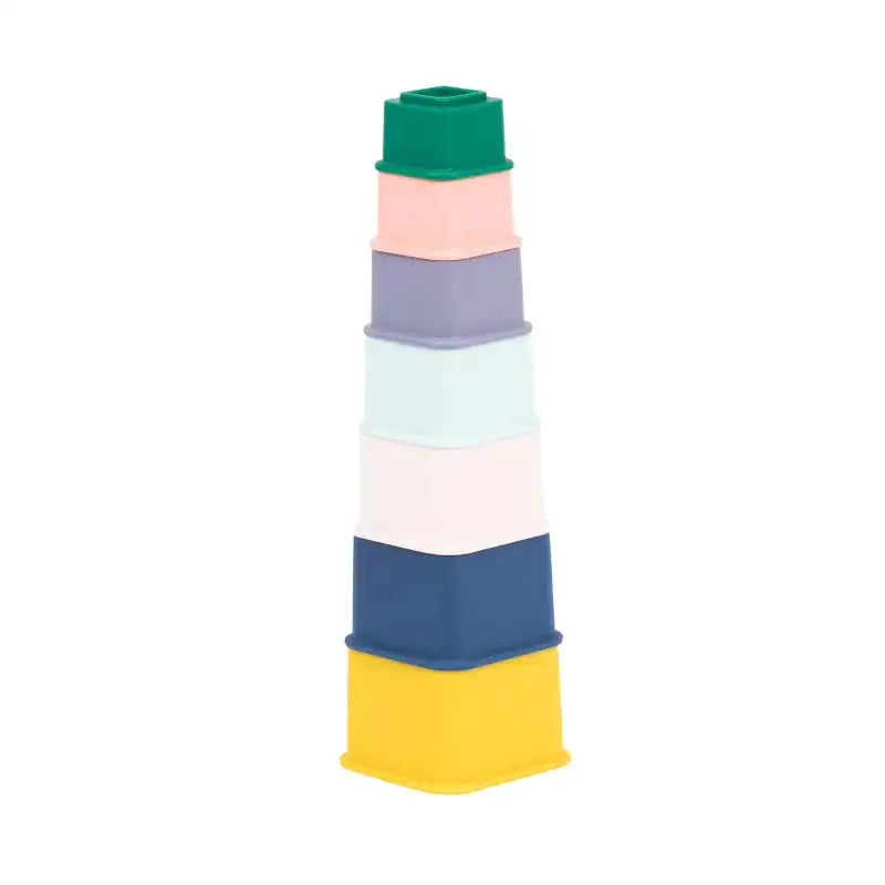 Stack of colorful building blocks on a white background