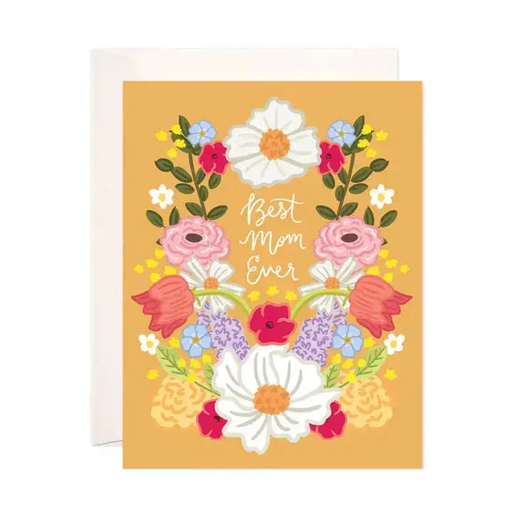 Greeting card with floral design and 'Best Mom Ever' text on a yellow background
