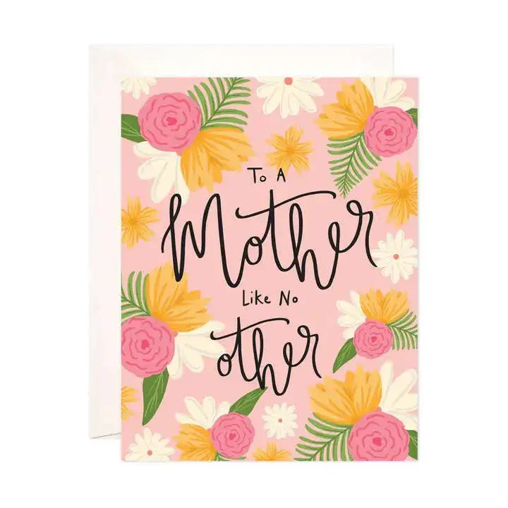 Greeting card with floral design and text 'To a Mother Like No Other' on a pink background