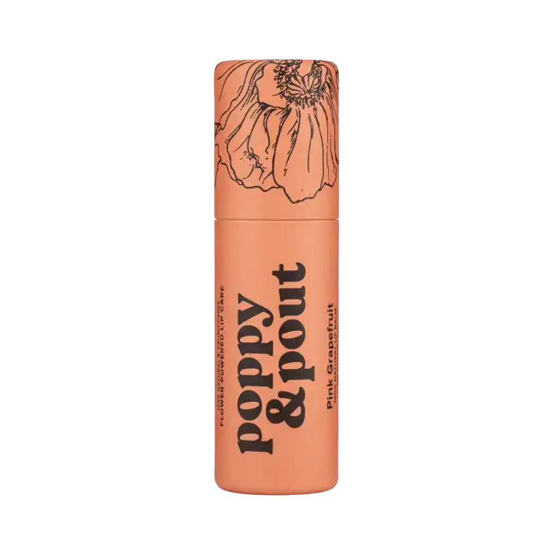 Cosmetic product with 'Poppy & Pout' branding on a white background