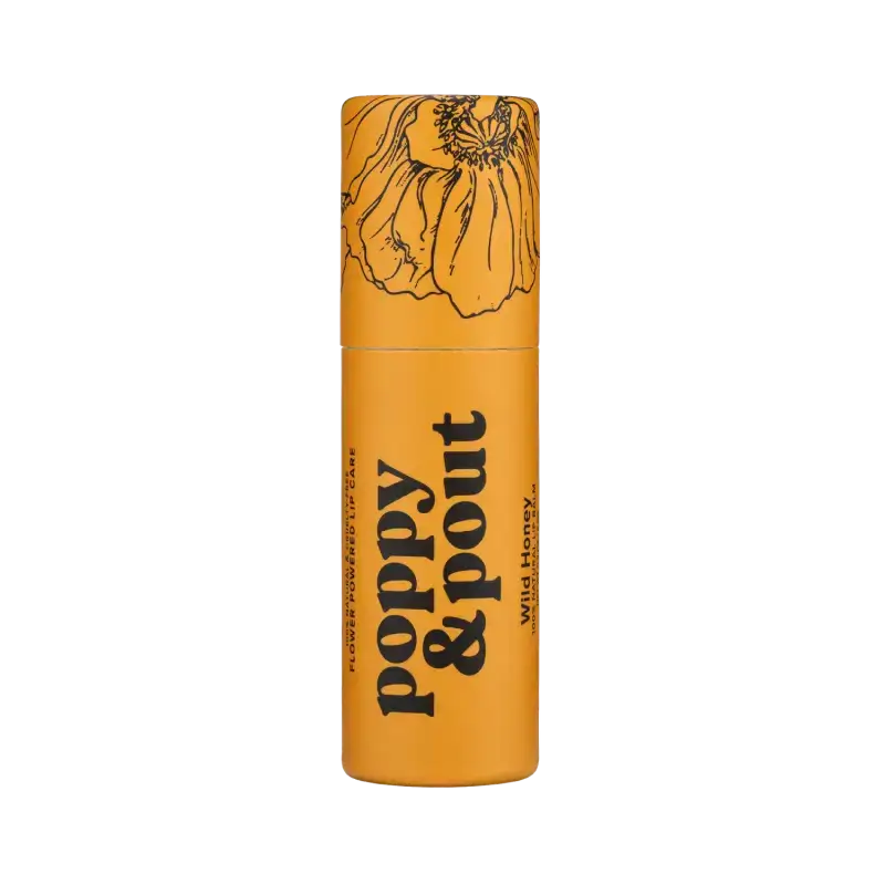 Yellow cylindrical container with floral design and 'Poppy & Pout' text on a white background