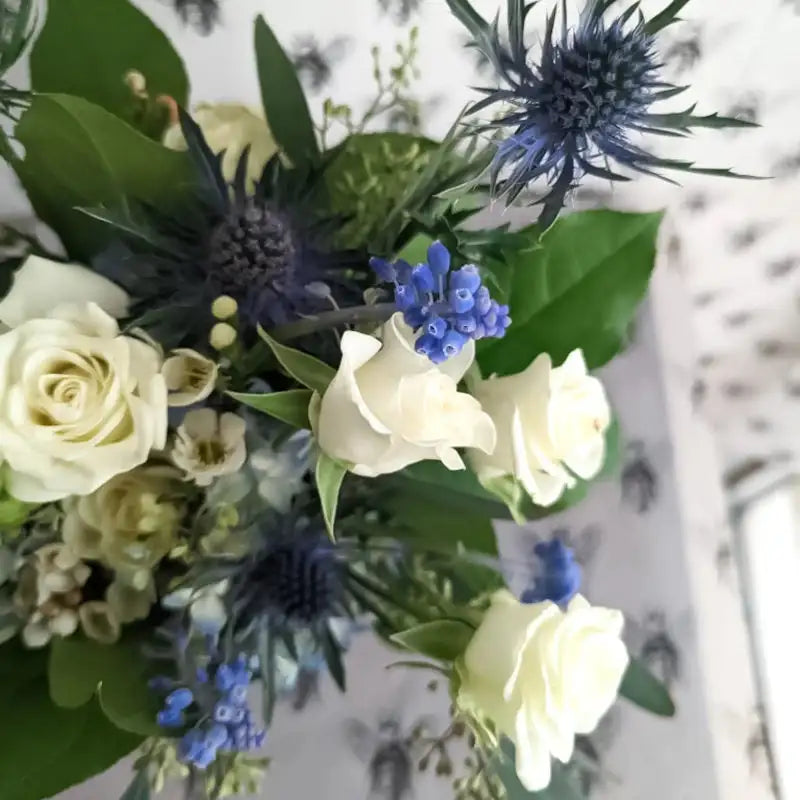 Close up of blue thistle and white rose nosegay bouquet with fresh green foliage
