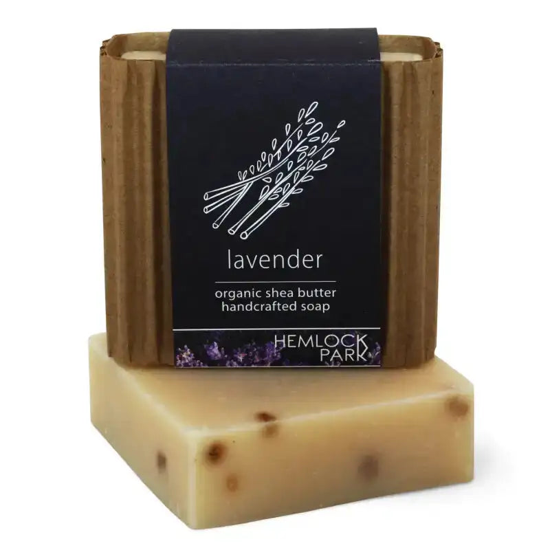 Bar of lavender soap with a black label on a white background