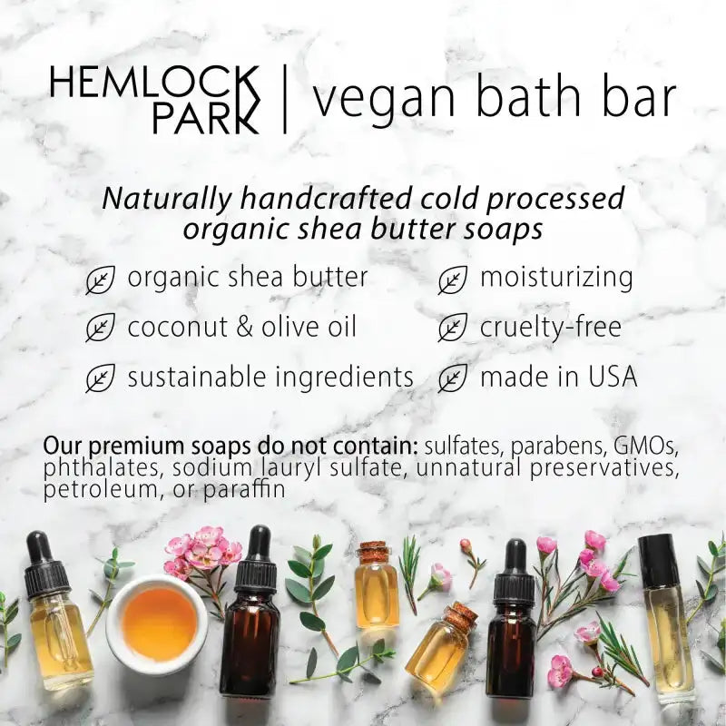 Promotional image of Hemlock Park vegan bath bar with natural ingredients and benefits listed.