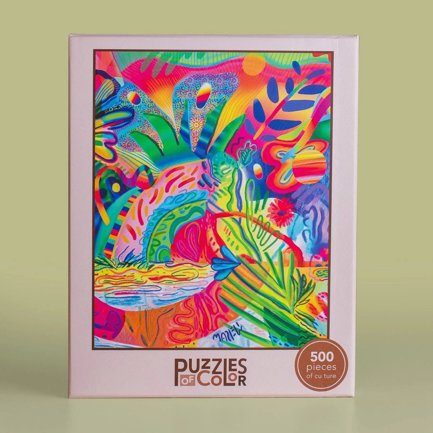 Colorful puzzle box with abstract design on a green background