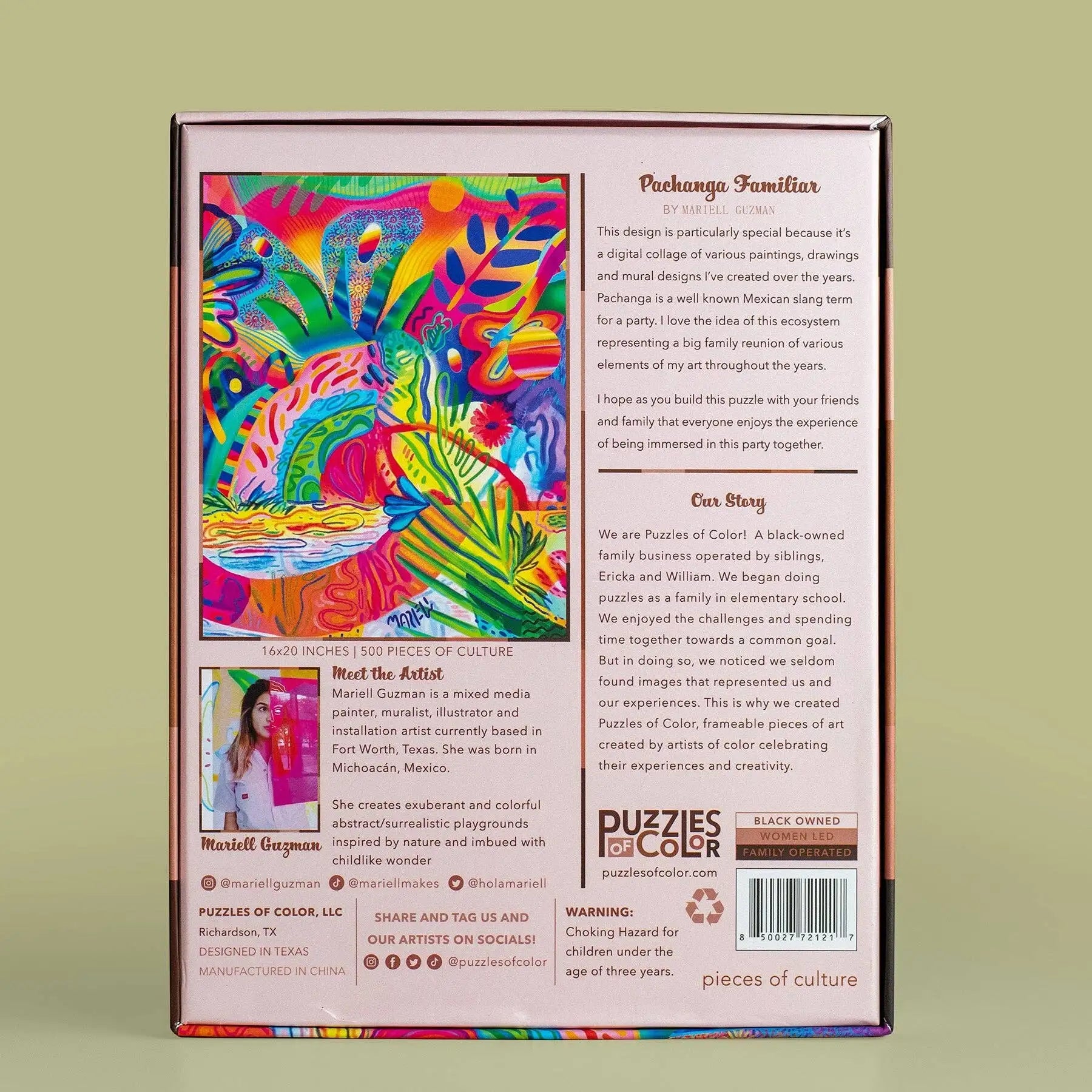 Back cover of a colorful puzzle packaging with text and branding on a green background