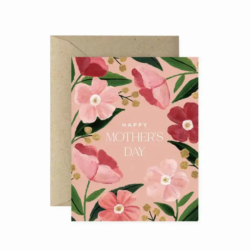 Floral Mother's Day card with pink flowers and green leaves on a pink background.