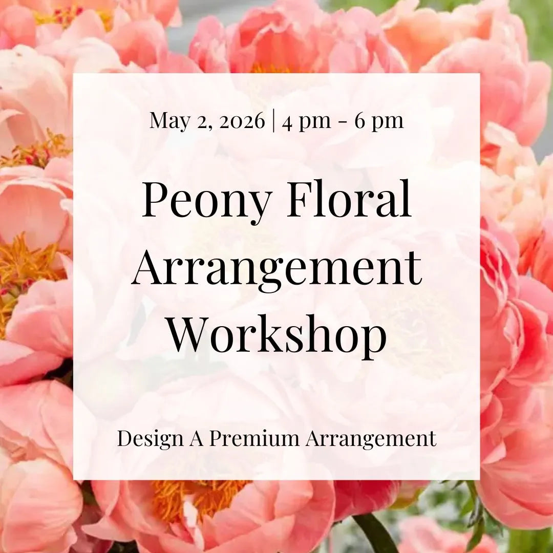 Advertisement for a peony floral arrangement workshop with pink flowers in the background.