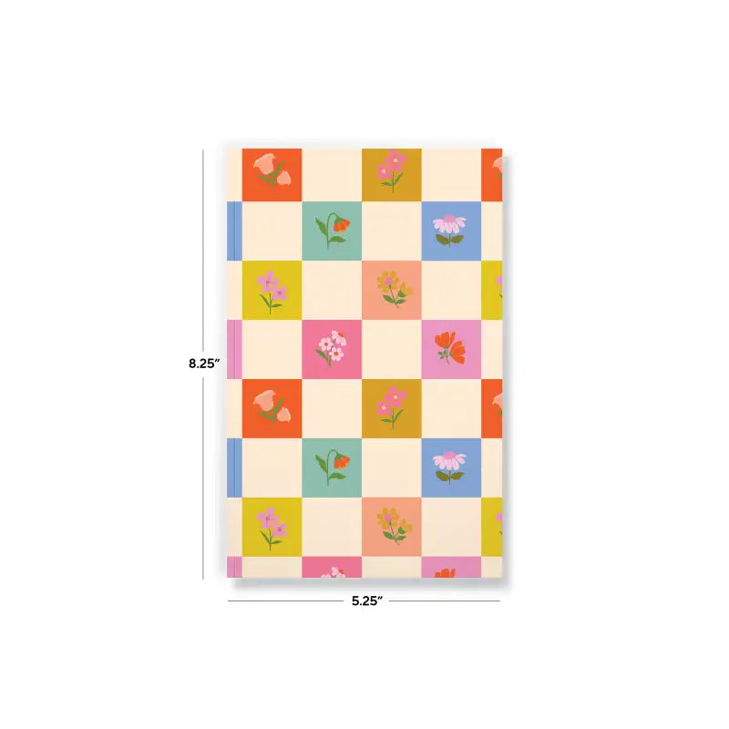 Floral checkered patterned paper with dimensions on a white background