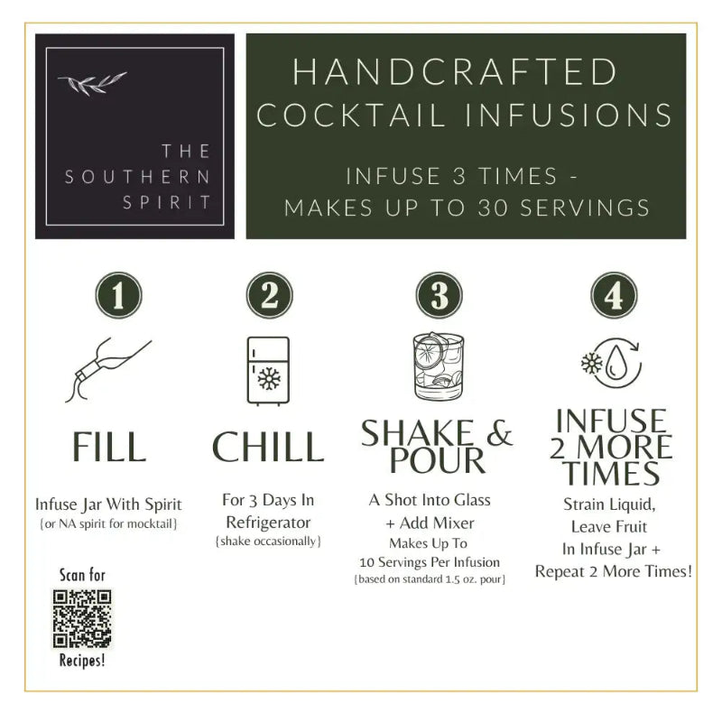 Instructions for handcrafted cocktail infusions by The Southern Spirit on a white background.