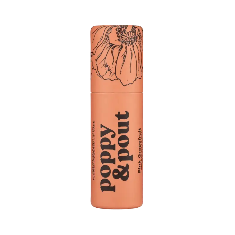 Cosmetic container with 'Poppy & Pout' branding on a white background