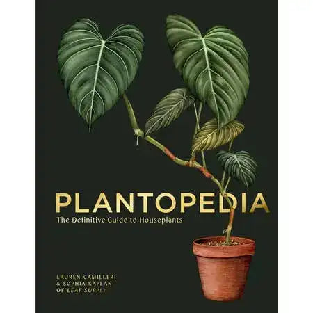 Book cover of 'Plantopedia' with a potted plant illustration on a dark background