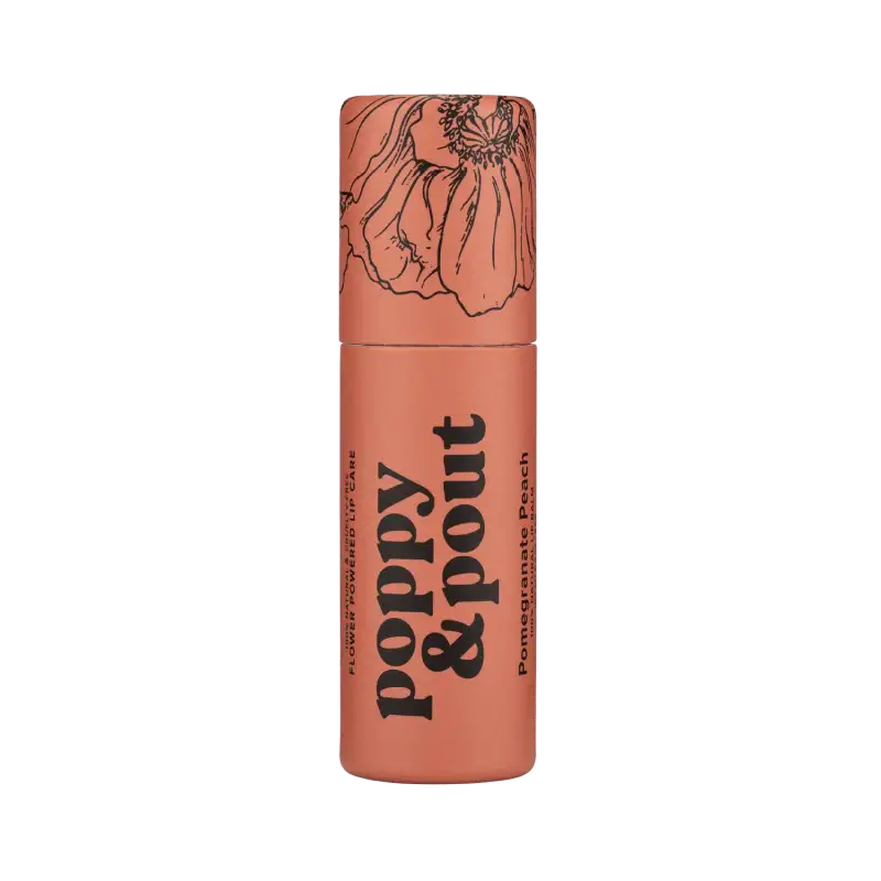 Lip balm container with floral design and 'Poppy & Pout' branding on a white background
